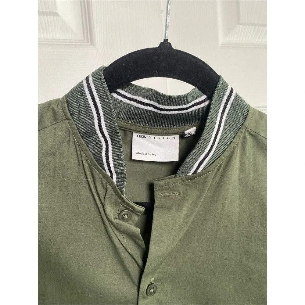 ASOS Design Bomber Collar Shirt Mens Size M Green Short Sleeve Button Up Cotton
